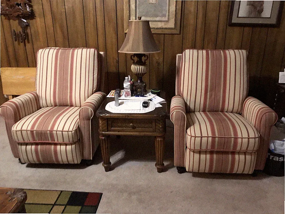 2 Nearly New beautiful beige-red striped recliners. paid $950.00 sell for $500.