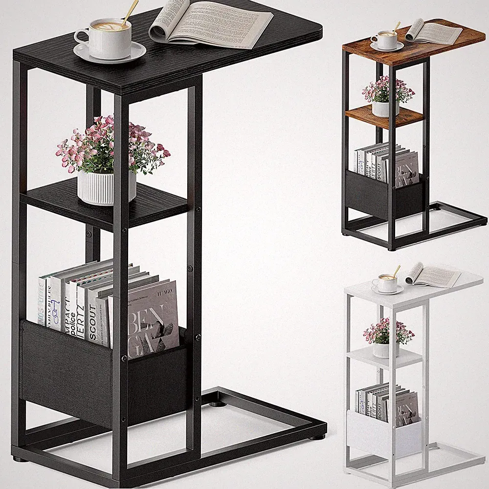 C Shaped End Table, Small Side Table For Couch With Storage Bag For Small Space
