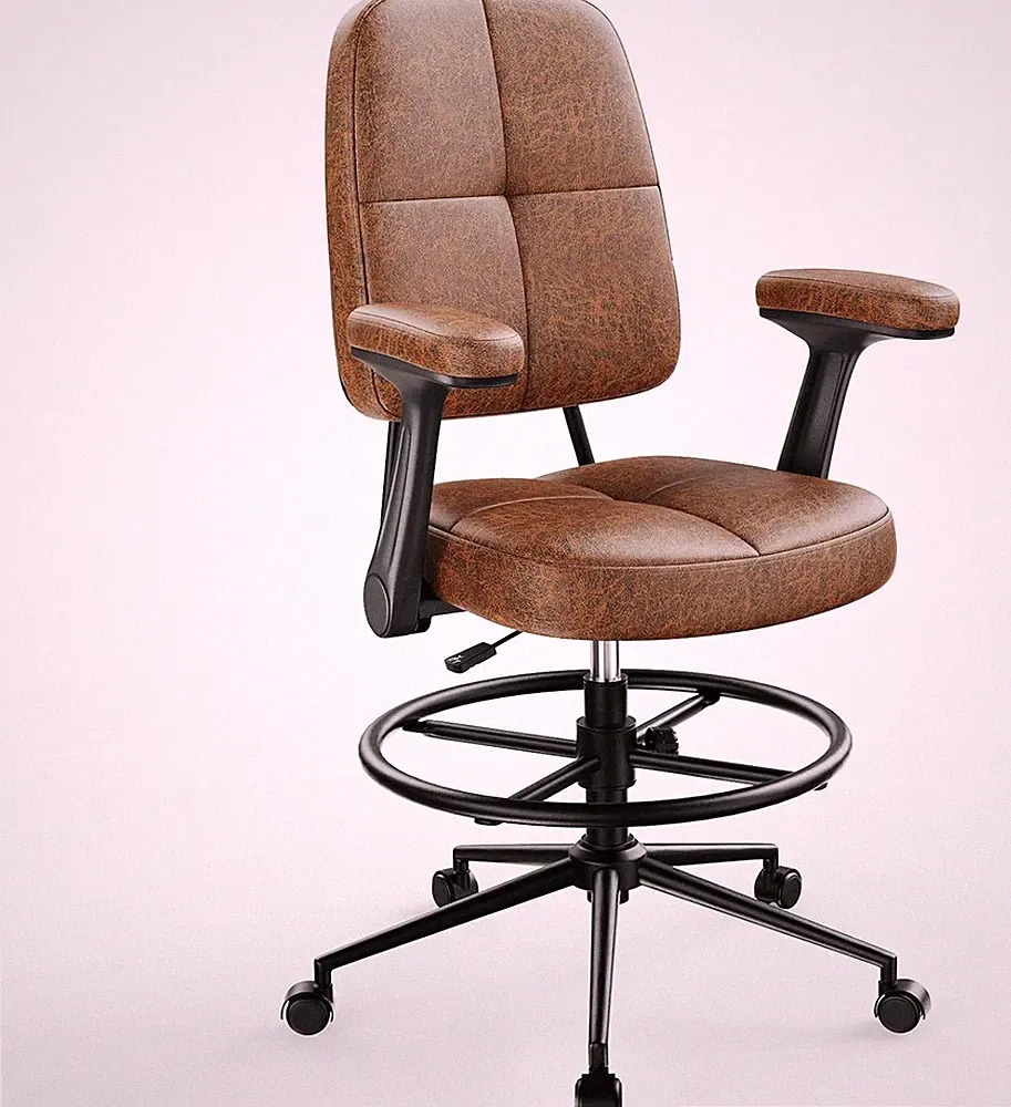 Ergonomic Drafting Chair with Flip-Up Armrests & Footrest, Brown Leather