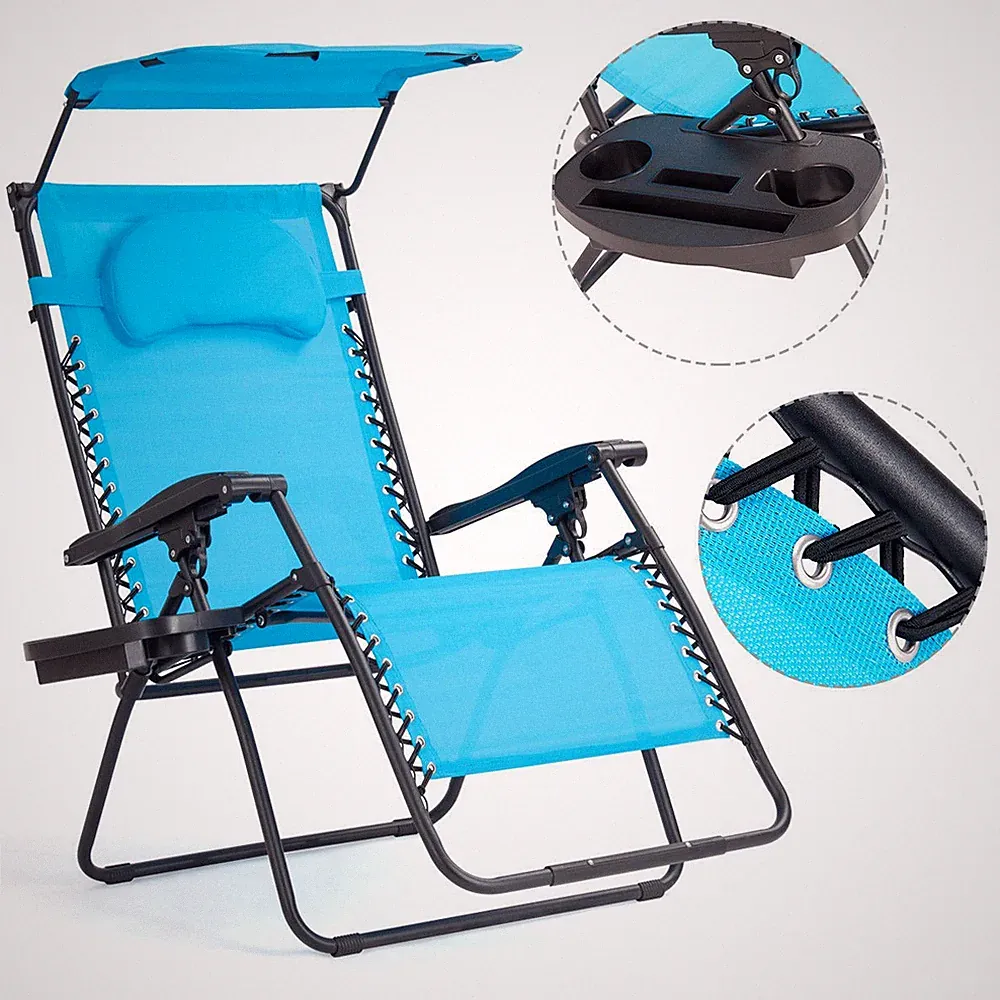 Folding Recliner Zero Gravity Lounge Chair W/ Shade Canopy Cup Holder Blue