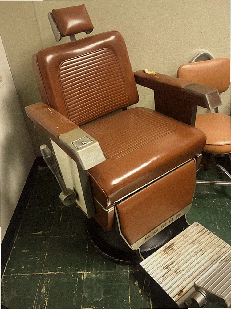 Kochs Retro used Barber Chair, brown leather, small tear in arm