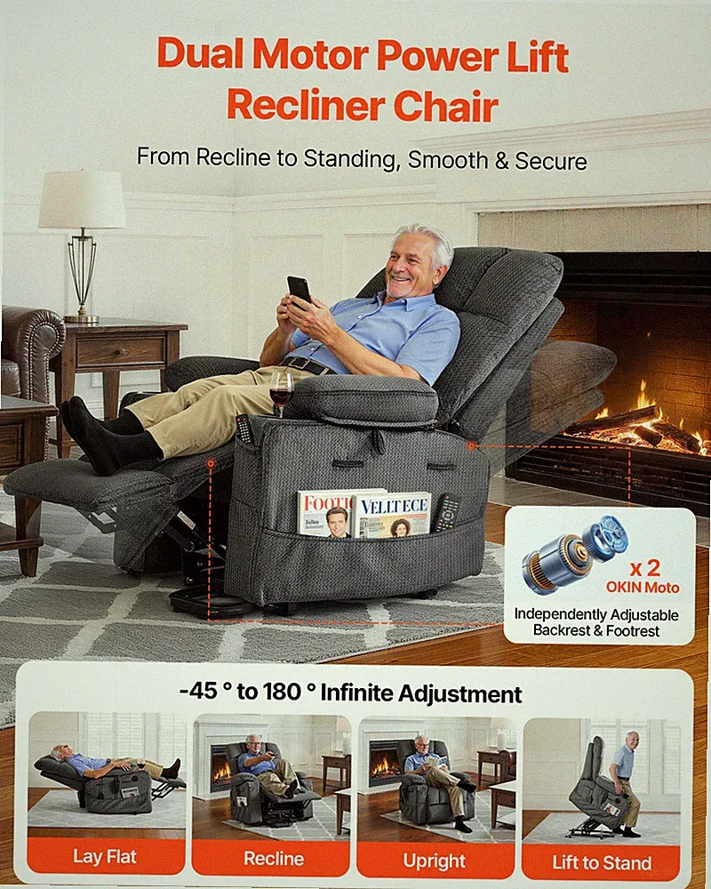Large Dual Motor Power Lift Recliner Heat Massage Velvet Dark Gray