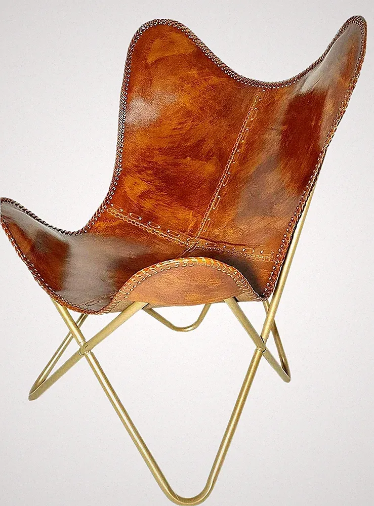 Leather Vintage Relax Arm Butterfly Chair Folding Seat Modern Sling Loung Accent