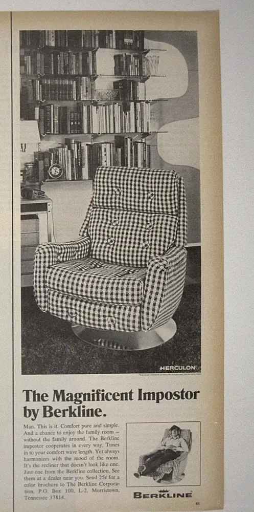 Magnificent Impostor Recliner Chair Ad 1970s Retro Berkline Furniture Decor MOD