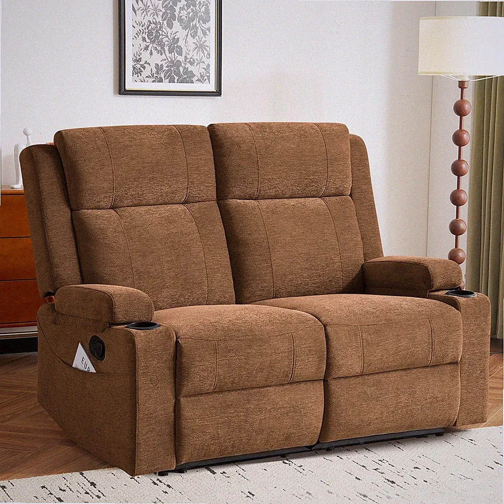 Manual Reclining Loveseat Sofa, 2-Seater Recliner Couch with Cup Holders, Fabric