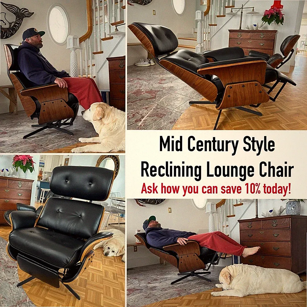 Mid Century Style Recliner Lounge Chair in Black Vegan Leather — eAmEs PlYcRaFt