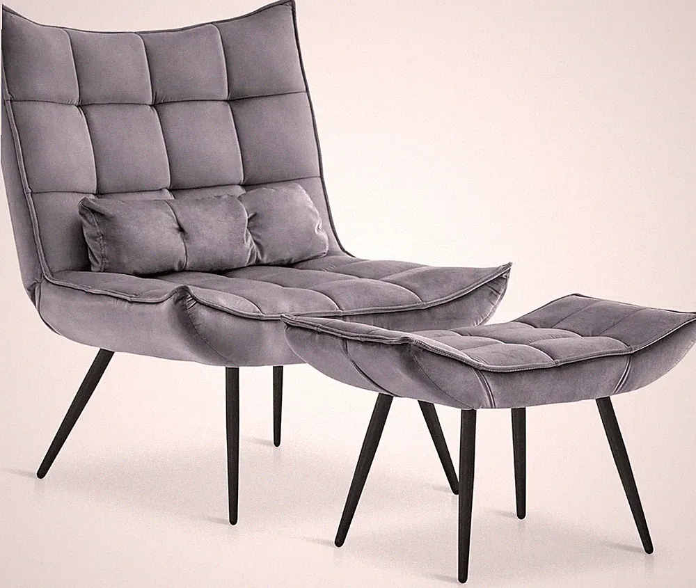 Modern Velvet Accent Chair & Ottoman, Dark Grey Wingback Lounge for Small Spaces