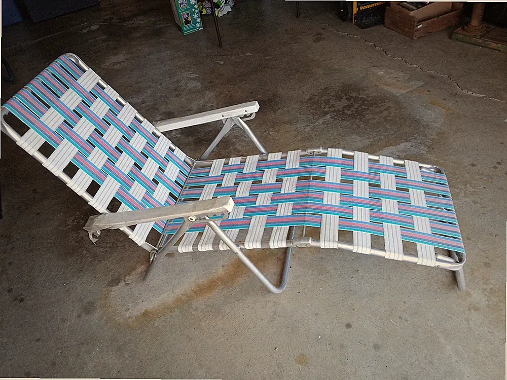 New Old Stock Vintage Aluminum Webbed Chaise Lounge Lawn Chair Reclining