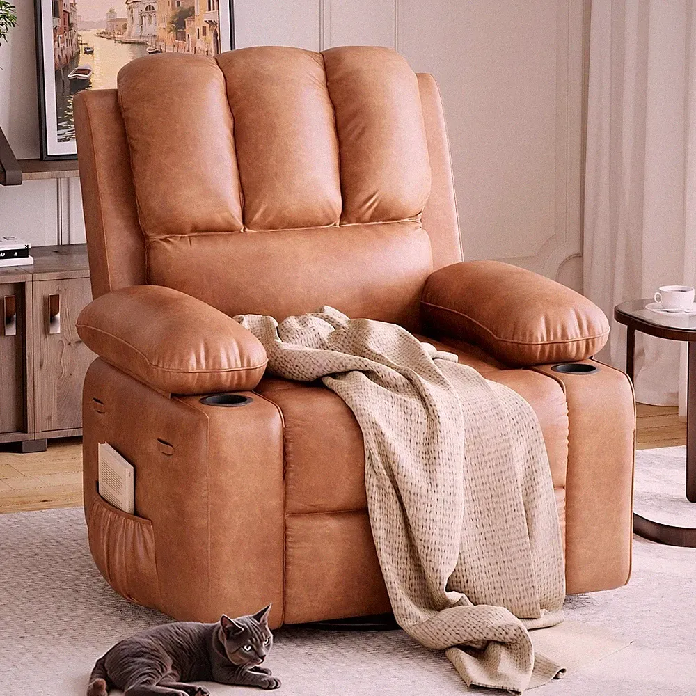 Oversized Massage Recliner Chair with Heat, 360° Swivel Rocker, Cup Holders Sofa