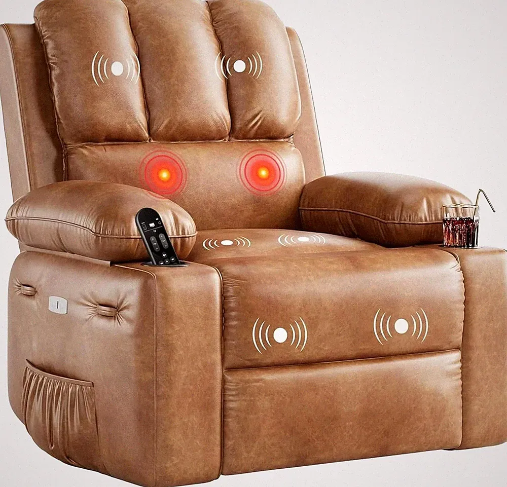 Oversized Swivel Rocker Recliner Chair,Heat&Massage,Manual Sofa with Cup Holders