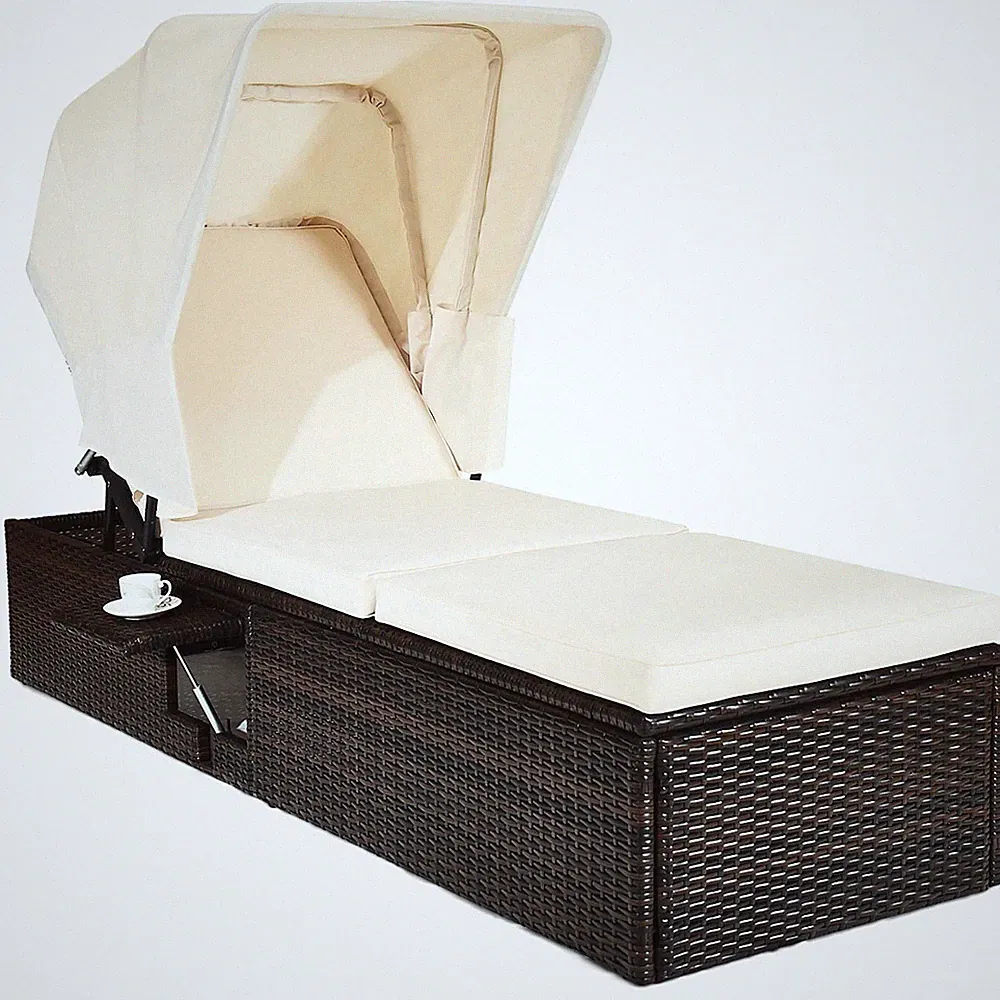 Patio Rattan Chaise Lounge Chair Wicker Recliner Daybed Cushion Canopy Tea Table