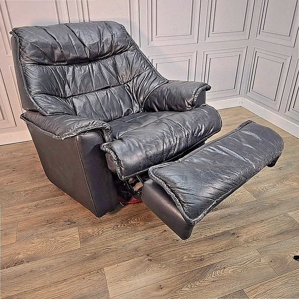 Retro Mid Century Armchair Reclining Swivel Recliner Black Leather Chair Danish