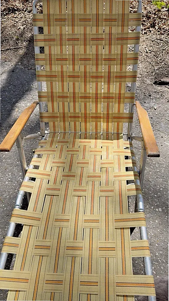 Vintage Webbed Aluminum Folding Lounge Chair Chaise Lawn Beach Wood Arms Yellow