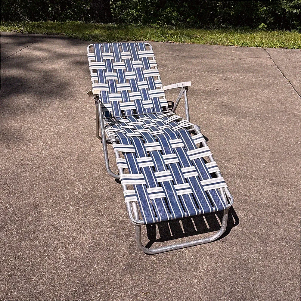 VTG Nylon Weave Aluminum Folding Lounge Chair Chaise Beach Blue White Recline GU